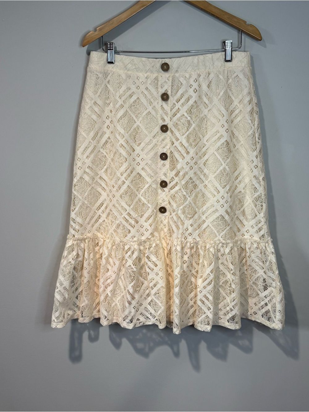 Cato Ivory Lace Cottagecore Skirt Ruffle Hem Button Front Prairie Boho M